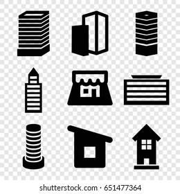 Town icons set. set of 9 town filled icons such as business centre, business center building, building, house building
