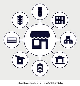 Town icons set. set of 9 town filled icons such as business centre, business center building, house building, shop
