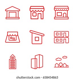 Town icons set. set of 9 town outline icons such as building, house builidng, shop, city landscape