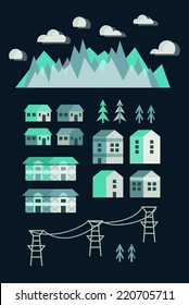 Town infographic elements. Vector city elements for create your own city map. Create your own town! Map elements for your pattern, web site or other type of design.Vector illustration. Ski resort