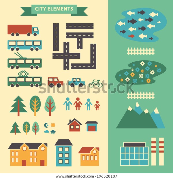 Town\
infographic elements. Vector city elements for create your own city\
map. Create your own town!  Map elements for your pattern, web site\
or other type of design.Vector\
illustration