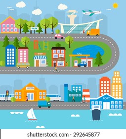 Town infographics design elements with buildings set, shop, cafe, gas station, airport, railway station, seaport, people, transport, vector illustration