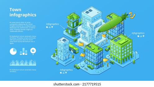 Town infographics poster with isometric modern city and charts. Vector banner of urban infrastructure with illustration of cityscape with office buildings, cars and buses on street, flying airship