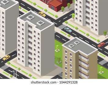 Town isometric concept 3d with buildings and skyscrapers vector illustration.