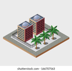 Town in isometric view with the landscape