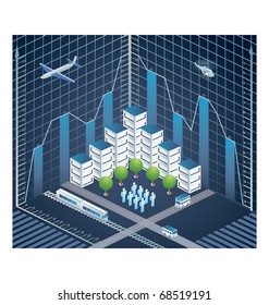 Town in isometric view with the landscape