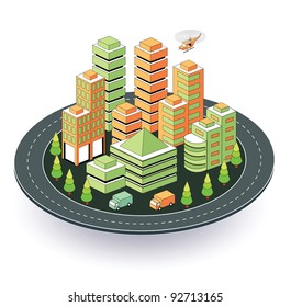 Town in isometric view with the landscape