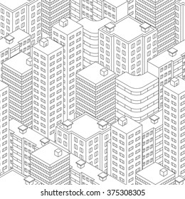 Town in isometric view. Seamless pattern with houses. Linear style. Black and white background. Modern city skyline. Vector illustration.