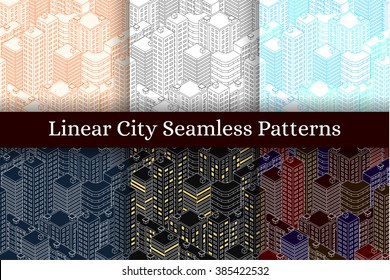 Town in isometric view. Set of Seamless pattern with houses. Linear style. Day and night. Multicolored backgrounds.  Modern city skyline. Vector illustration.