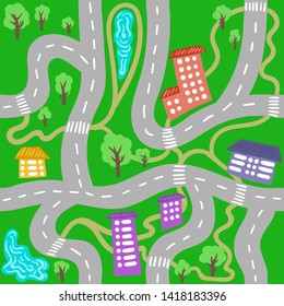 Town kid map, seamless city, houses and trees