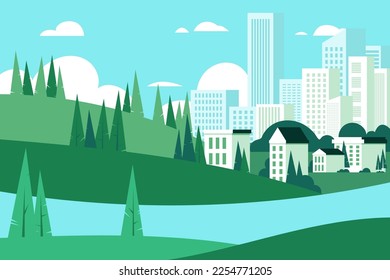 Town landscape, city background, green urban panorama. Tree on cityscape skyline, nature scene, home environment, lake or river. Cartoon flat style illustration. Vector flat garish backdrop