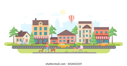 Town life - modern flat design style vector illustration on white background. Lovely housing complex with small buildings, trees, pedestrian zone with people walking, car and taxi on the road