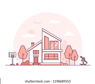 Town life - modern thin line design style vector illustration on white background. Red colored composition with a small nice building, trees, basketball court, boy skateboarding. Suburban landscape