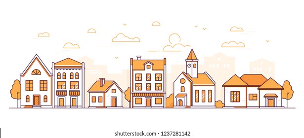 Town life - modern thin line design style vector illustration on white background. Orange colored composition, suburban landscape with facades of buildings, town hall, shops, trees, people walking