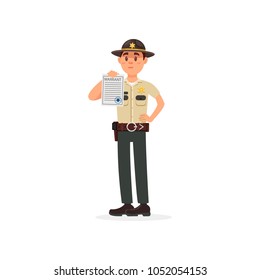 Town male sheriff police officer character in official uniform showing warrant sheet of paper vector Illustration on a white background