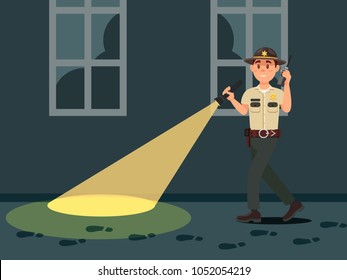 Town male sheriff police officer character in official uniform with flashlight searching on the dark vector Illustration