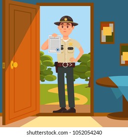 Town male sheriff police officer character in official uniform standing on the doorstep of the house and showing warrant sheet of paper vector Illustration