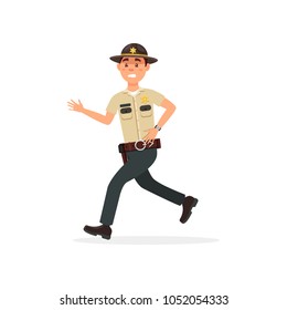 Town male sheriff police officer character in official uniform running vector Illustration on a white background