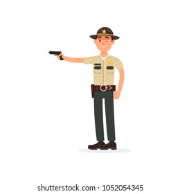 Town male sheriff police officer character in official uniform firing gun vector Illustration on a white background