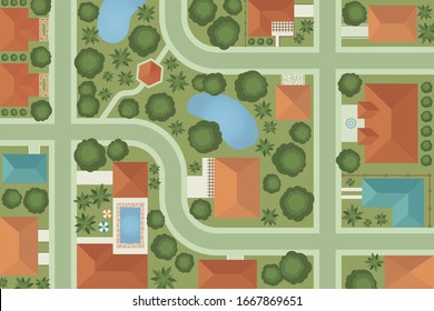 Town map aerial view illustration. Neighborhood top view cartoon background. Landscape from above, house roofs and trees aerial view vectors.