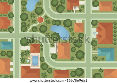 Town map aerial view illustration. Neighborhood top view cartoon background. Landscape from above, house roofs and trees aerial view vectors.