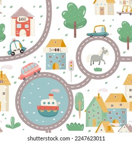 Town Map Kids Seamless Pattern with Cartoon Cars, Houses, Roads. Vector Illustration. Cute City Background for Kids Fabric, Textile, Wrapping Paper, Nursery Design