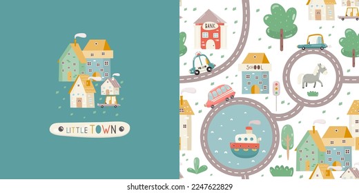 Town Map Print Card and Seamless Pattern for Kids Fabric, Textile, Wrapping Paper, Nursery Design. Vector Set with Cartoon Cars, Houses, Roads