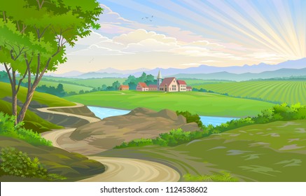 A town in the middle of vast green fields