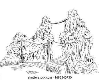 Town mountain graphic black white landscape sketch illustration vector