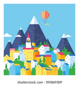 La ciudad en las montañas. Luminosa ciudad vieja. Casas de colores. Colorida ciudad a los pies de las montañas. Vieja ciudad europea. Diseño plano.