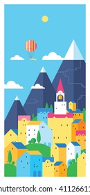 The town in the mountains. Bright old town. Colored houses. Colorful town at the foot of the mountains. Old European city. Flat design.