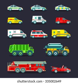 Town municipal different special, emergency service cars and trucks icons collection. Vector city transport set in flat style. Urban vehicles infographics.