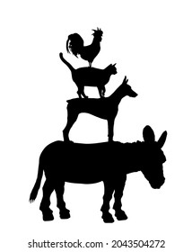 Town Musicians of Bremen, the statue vector silhouette illustration isolated on white background. loud animals symbol pyramid. Donkey, dog, cat and cock rooster. Popular fairy tale illustration. 