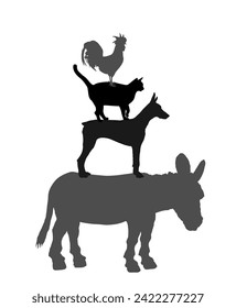 Town Musicians of Bremen, the statue vector silhouette illustration isolated on white background. loud animals symbol pyramid. Donkey, dog, cat and cock rooster. Popular fairy tale illustration. 