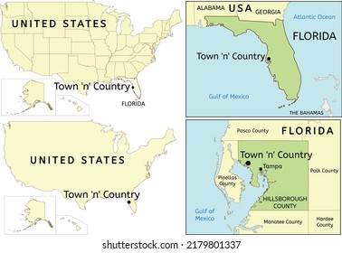 Town 'n' Country census-designated place location on USA, Florida state and Hillsborough County map