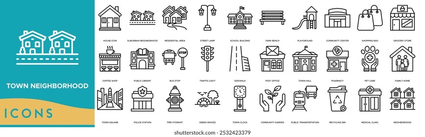 Icono del vecindario de la ciudad. Casa, vecindario suburbano, área residencial, farola y edificio escolar