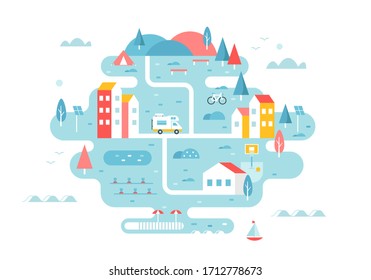 Town on a Coast Illustrated Map. Sustainable Tourism Development and Travel Concept Illustration