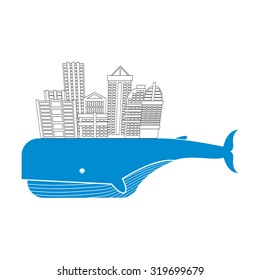 Town on whale. Water city. Modern metropolis on back of a giant blue fish. Buildings and skyscrapers. Vector Logo for construction and real estate