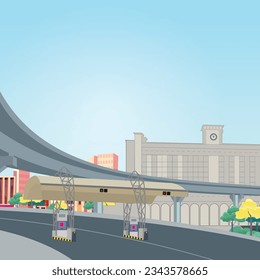 The town with an overpass over the road, various buildings, trees.City Building and Overpass vector. View of the skyscrapers from the overpass from above