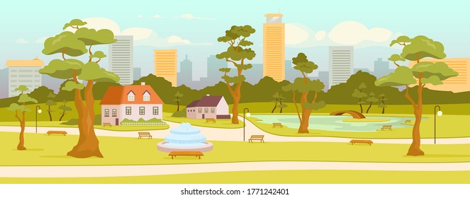 Town park flat color vector illustration. City recreation zone. Village square. Outdoor rest. Skyscrapers on horizon. Streets and houses 2D cartoon landscape with trees on background