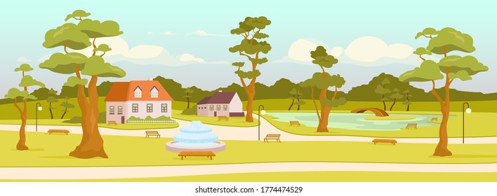 Town park flat color vector illustration. City recreation zone. Village square. Outdoor rest. Streets and houses 2D cartoon landscape with trees, benches and pond with bridge on background