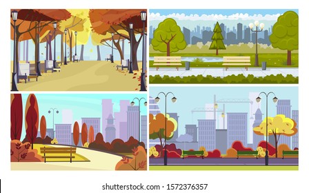 Town parks flat vector illustration set. Autumn view, benches, cranes, streetlight. Tourism and nature concept