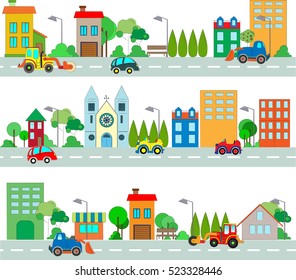 Town pattern, with buildings, trees and cars. 