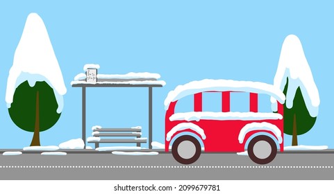 town postcard bus stop covered with snow. country landscape flat style. horisontal background