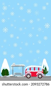 Städtische Postkarte Winterlandschaft-Bus in der Nähe von Perlen - Vertikale Vorlage für Grußkarte Frohe Weihnachten in Schneeflocken