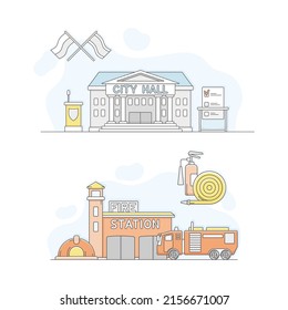 Town public building set. City hall and fire station facade, commercial property vector illustration