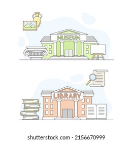 Town Public Building Set. Museum And Library Facade, Commercial Property Vector Illustration