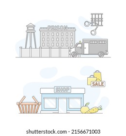 Town public building set. Prison and shop facade, commercial property vector illustration