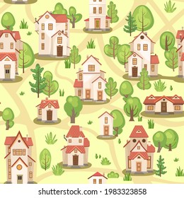 Town with roads. Map. Seamless illustration with cartoon village or city houses. Street. Day. Nice cozy private residence in traditional style. Dark background. Nice funny home. Vector