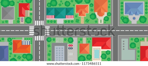 Town roads map vector.\
Aerial view of neighborhood illustration. Top view of buildings and\
streets. 
